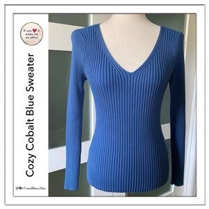 Everyday Wear Cobalt Blue Long Sleeve V-Neck Ribbed Knit Sweater